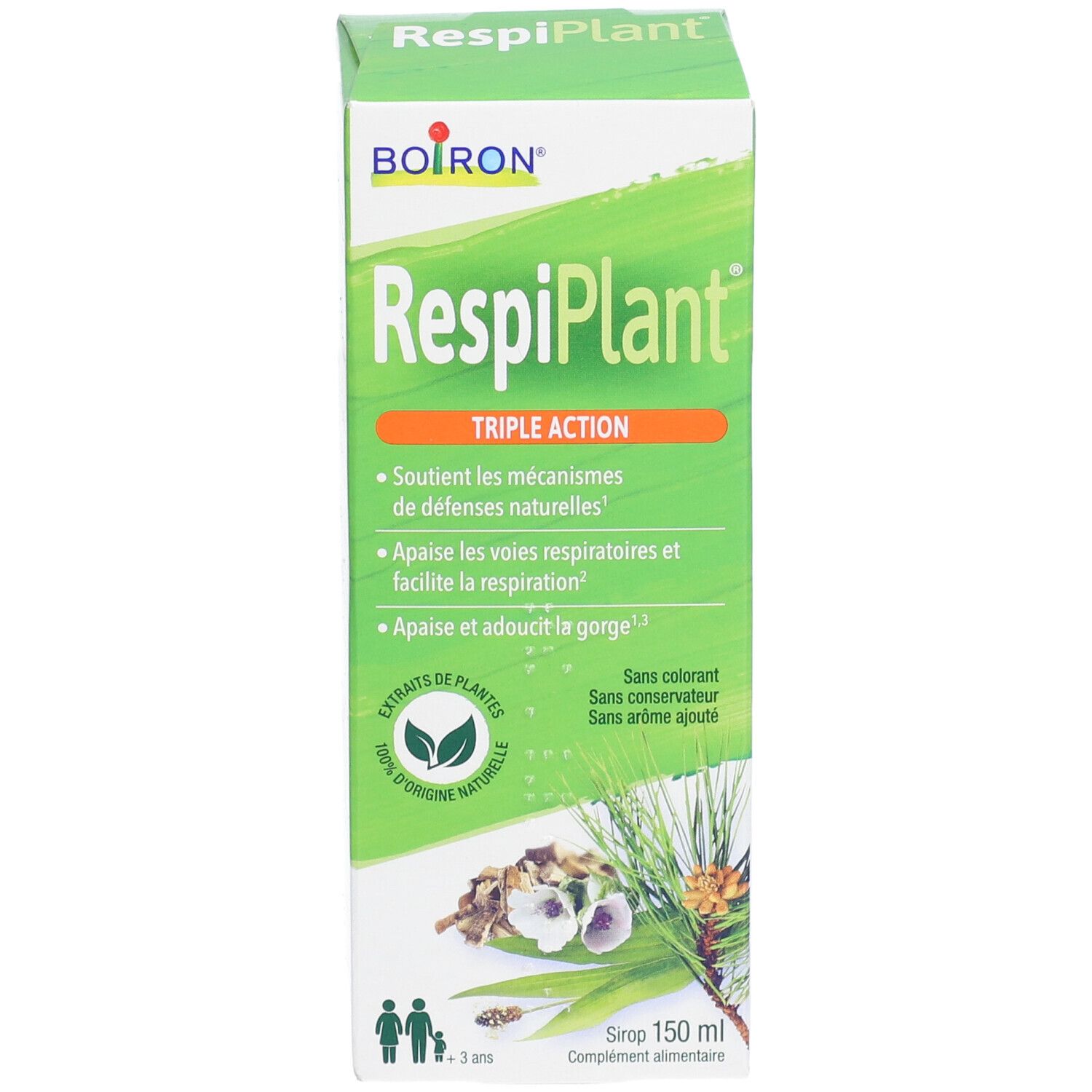Groene doos "RespiPlant". Triple action. 150 ml. Voor kinderen vanaf 3 jaar. Zonder kleur-, bewaar- en smaakstoffen.