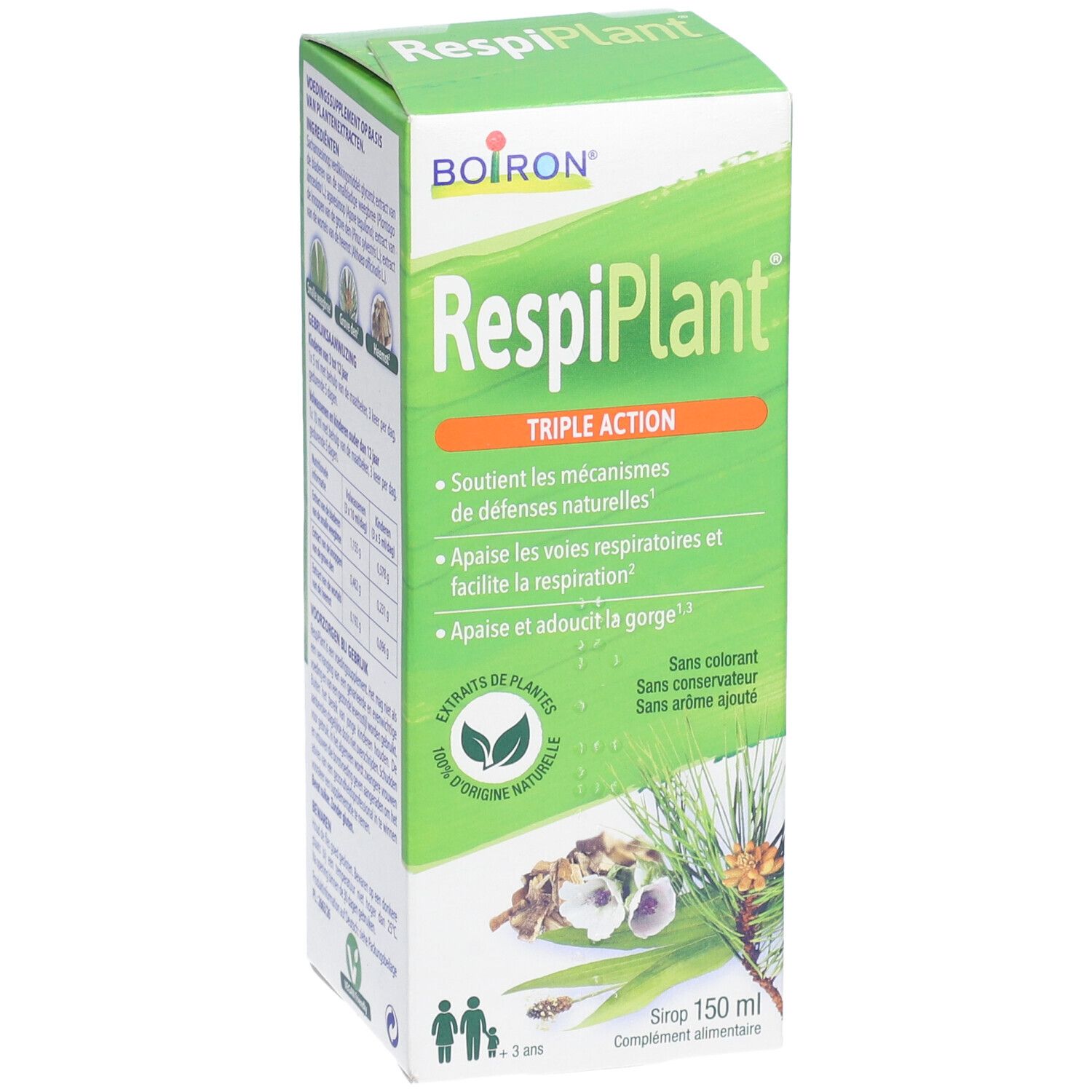 Groene doos "RespiPlant". Triple action. 150 ml. Voor kinderen vanaf 3 jaar. Zonder kleur-, bewaar- en smaakstoffen.