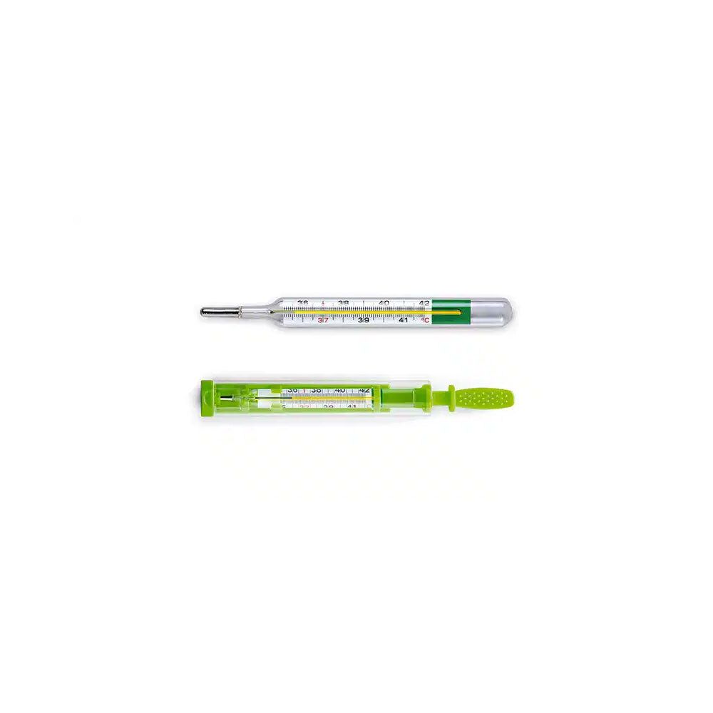 Flaem Thermomètre en Verre et étui. Thermomètre en verre avec marquage vert et étui de protection.