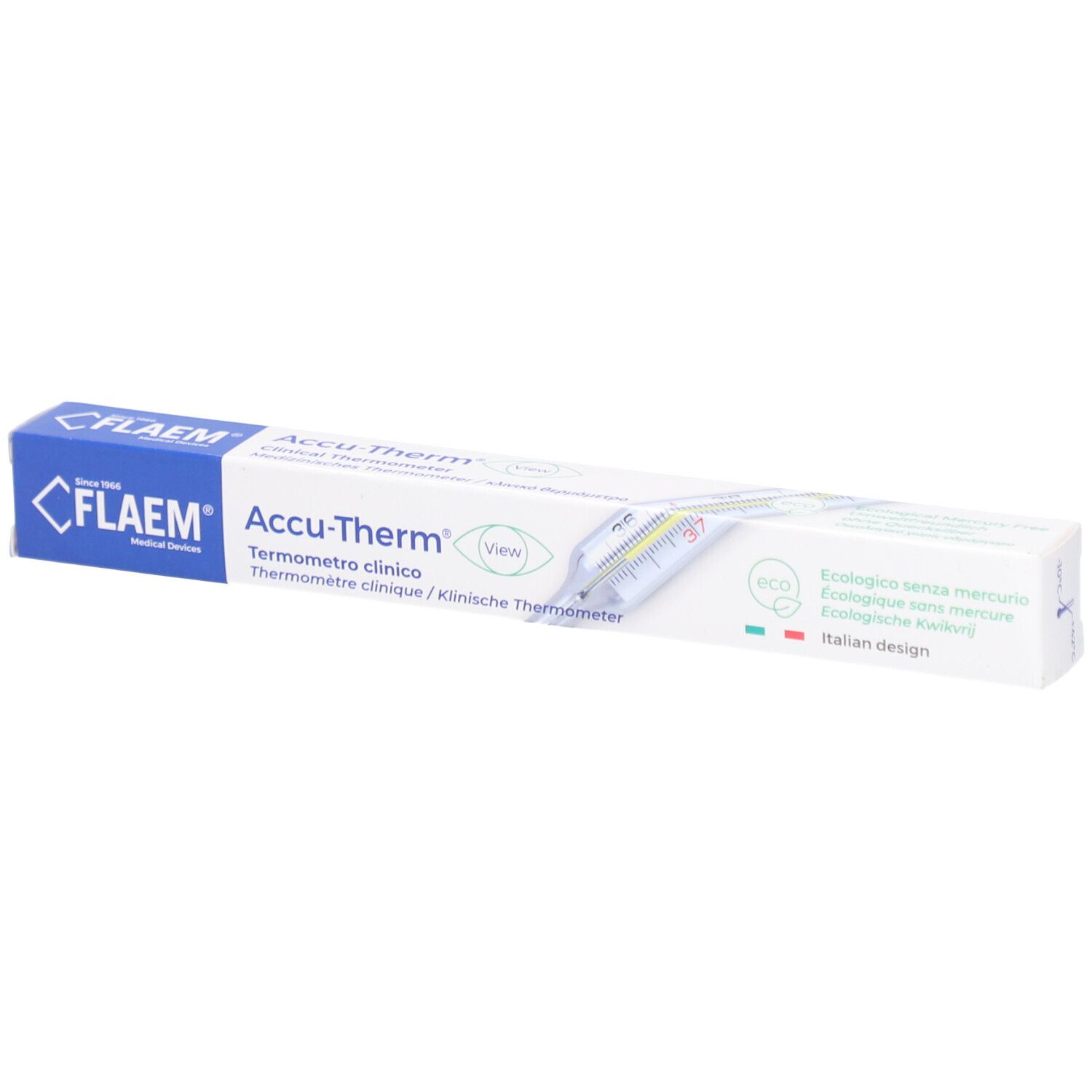 Emballage de Flaem Thermomètre en Verre. Boîte bleue et blanche avec nom et logo du produit.