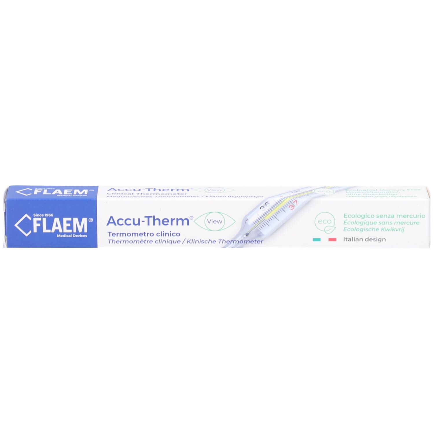 Emballage de Flaem Thermomètre en Verre. Boîte bleue et blanche avec nom et logo du produit.