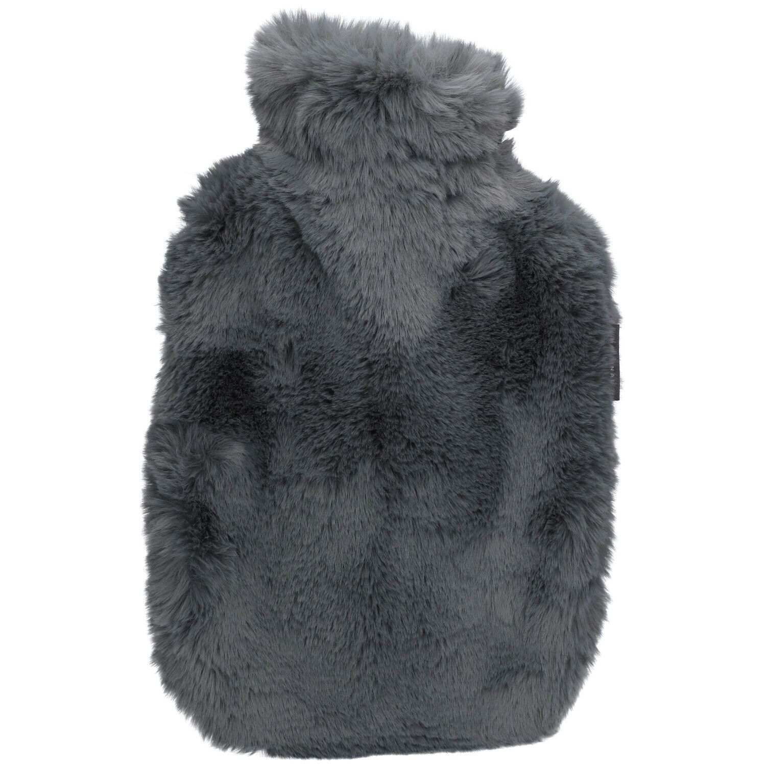 Bouillotte grise avec housse en fourrure. Forme rectangulaire avec col. Matière douce et pelucheuse.