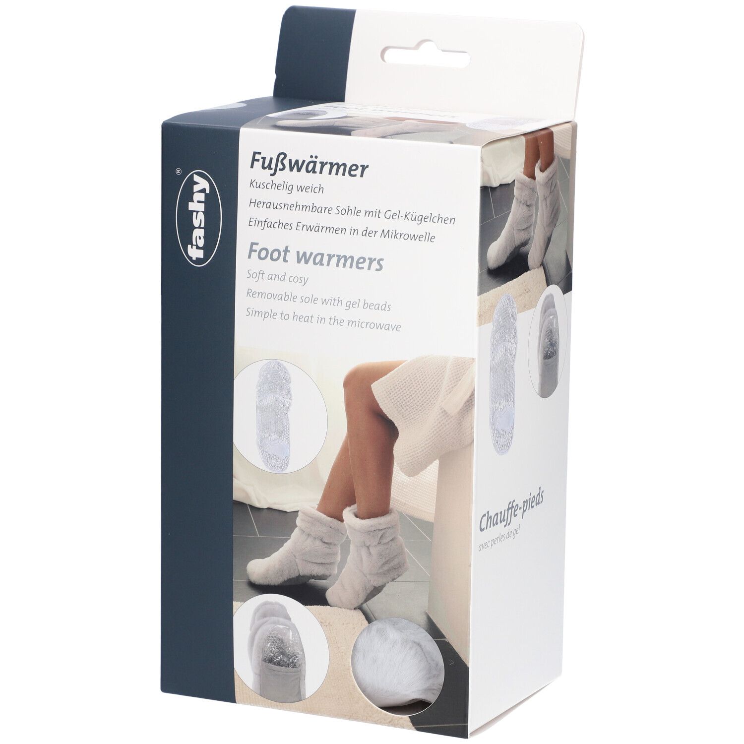 Verpackung mit Fashy Fußwärmern. Text: Fußwärmer, herausnehmbare Sohle mit Gel-Kügelchen. Abbildung: Füße in weißen Stiefeln.