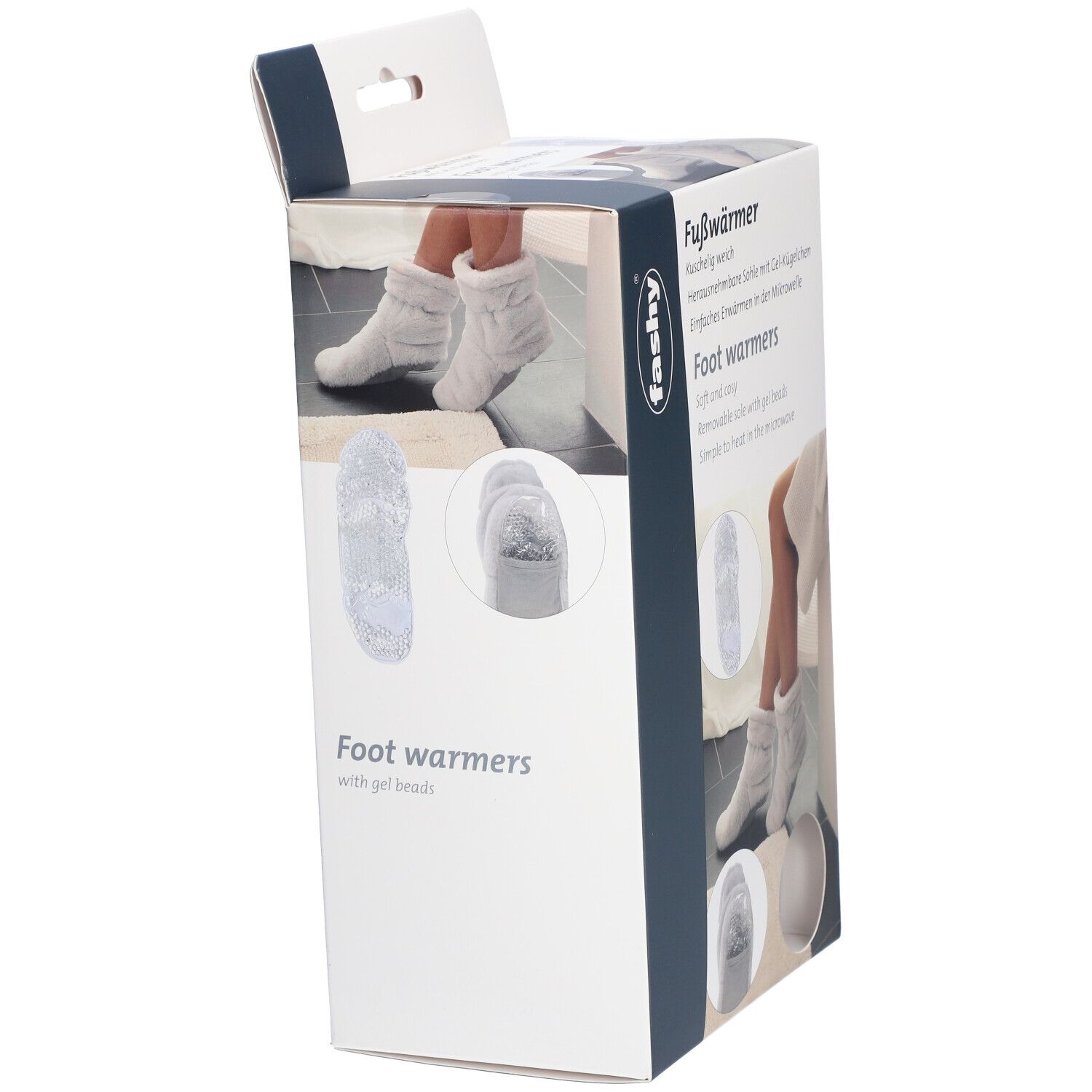 Verpackung von Fashy Fußwärmern. Seitenansicht. Text: Fußwärmer, herausnehmbare Sohle mit Gel-Kügelchen. Abbildung: Füße in Stiefeln.
