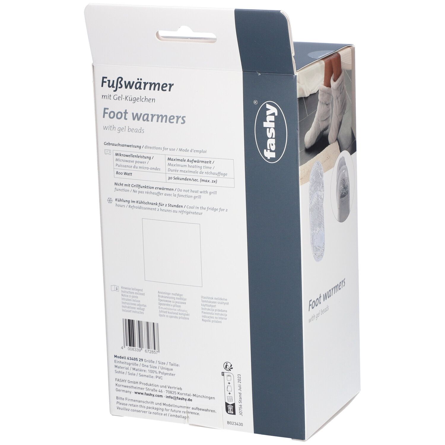 Rückseite der Fashy Fußwärmer-Verpackung. Text: Fußwärmer mit Gel-Kügelchen. Informationen zur Mikrowellen-Erwärmung. Barcode.