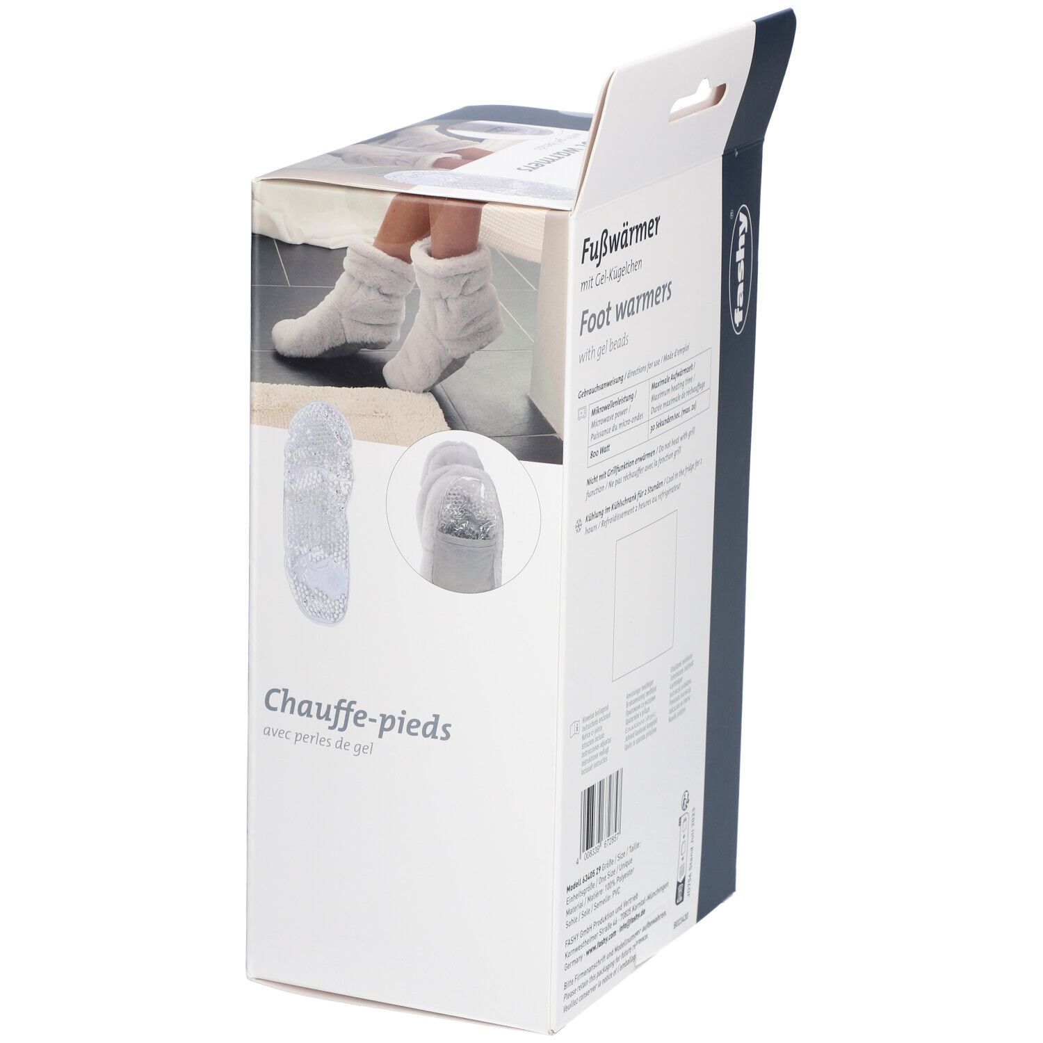 Fashy Fußwärmer-Verpackung. Seitenansicht. Text: Fußwärmer, herausnehmbare Sohle mit Gel-Kügelchen. Abbildung: Füße in Stiefeln.