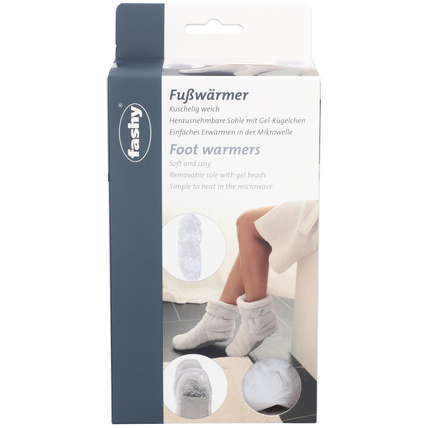 Verpackung mit Fashy Fußwärmern. Text: Fußwärmer, herausnehmbare Sohle mit Gel-Kügelchen. Abbildung: Füße in weißen Stiefeln.