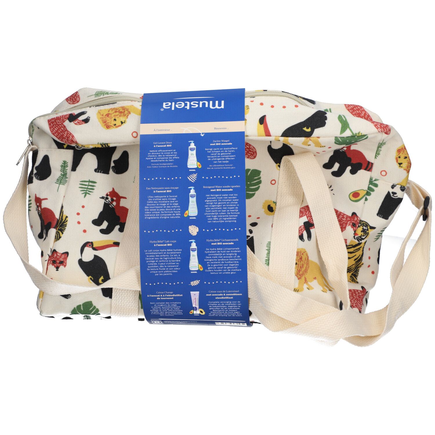 Mustela® Vanity Jungle. Sac en tissu imprimé animaux, anses et bandoulière. Carte bleue avec produits.