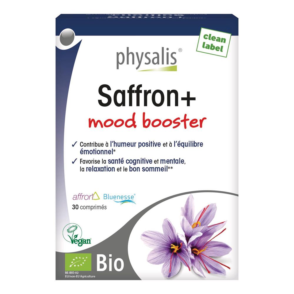 Kartonverpackung mit "physalis Saffron+ mood booster". Enthält 30 Tabletten. Bio-Siegel und lila Blüten.