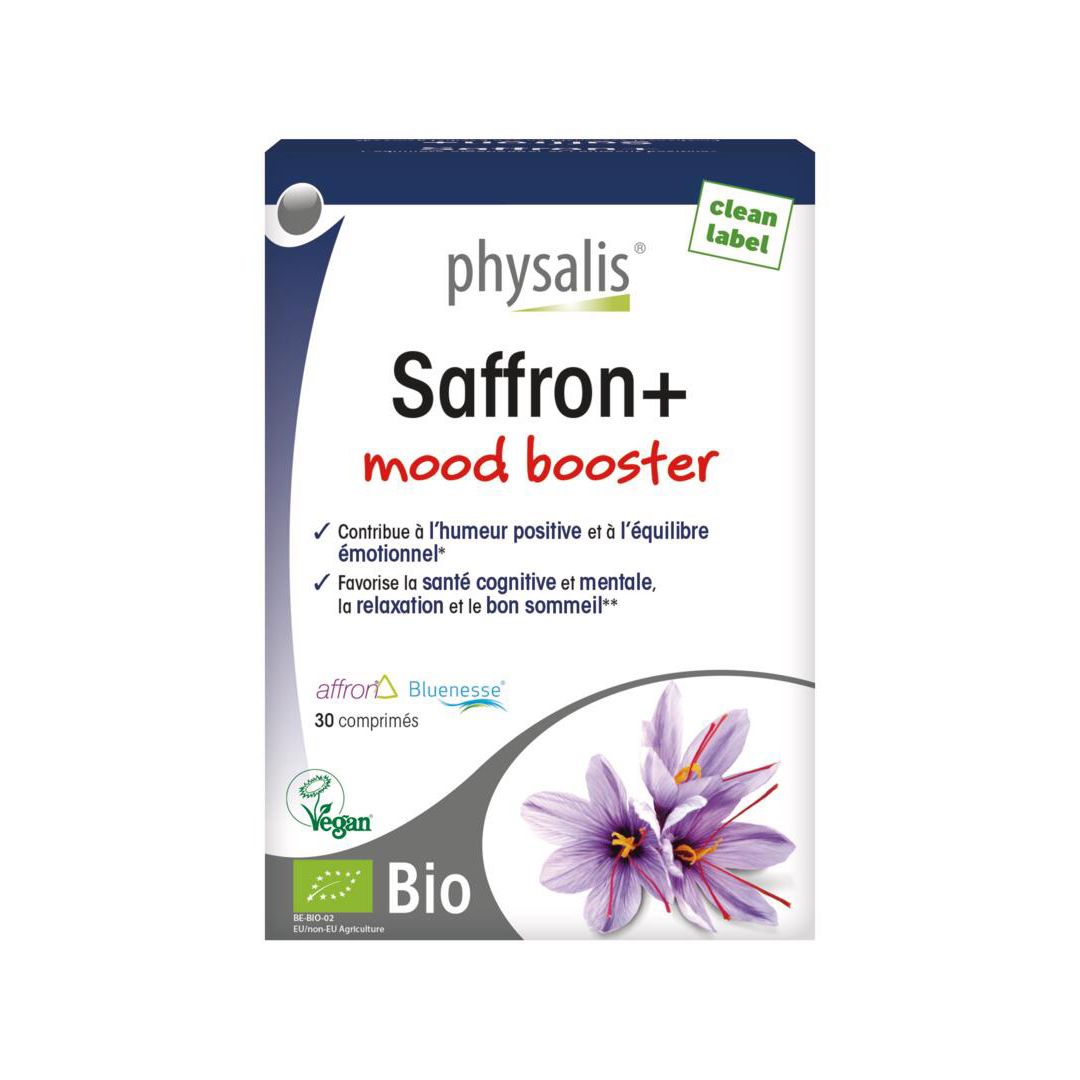 Boîte "physalis Saffron+ mood booster". Contient 30 comprimés. Label Bio et fleurs violettes. Texte en français.