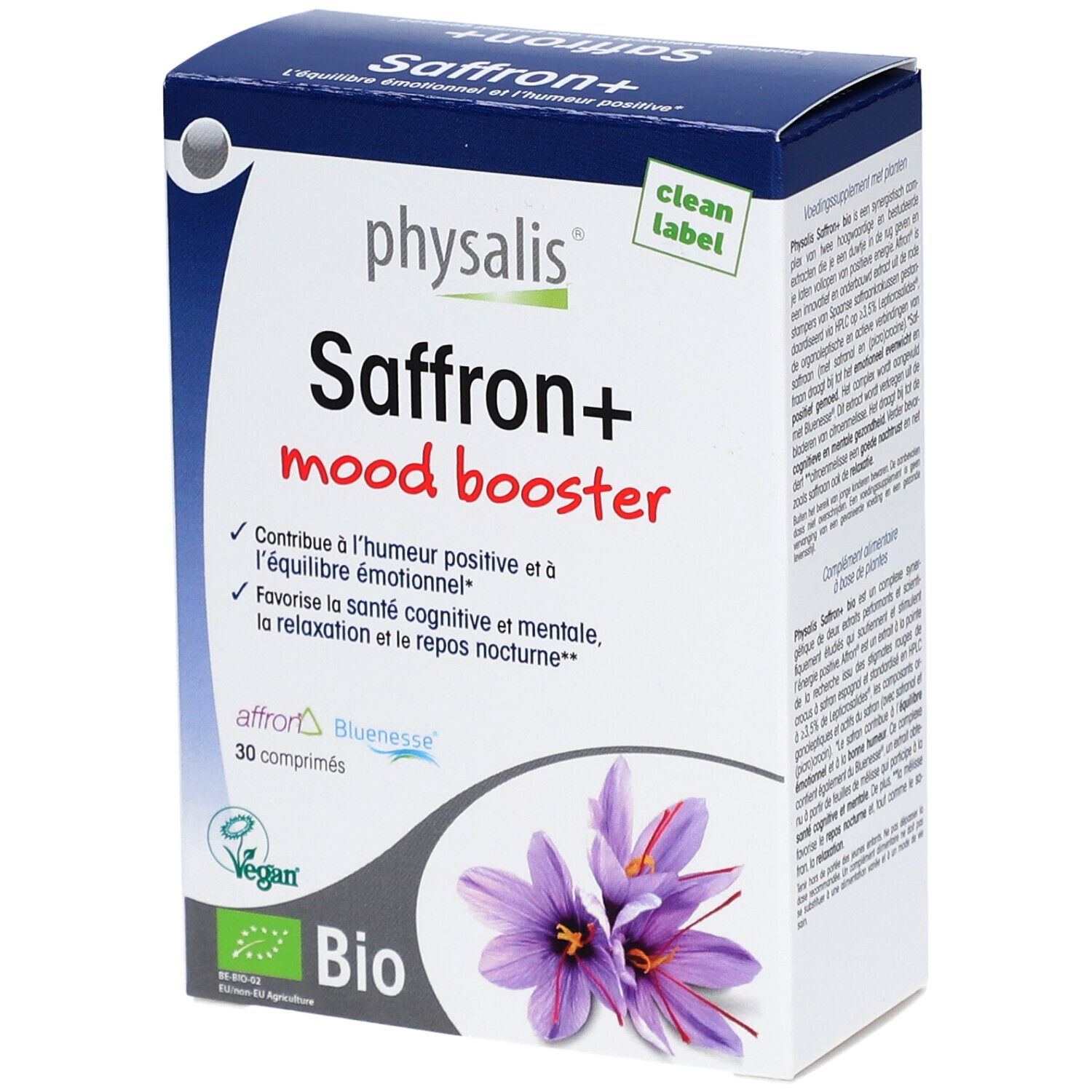 Kartonverpackung mit "physalis" und "Saffron+ mood booster". Enthält 30 Tabletten. Bio-Siegel und lila Blüten.