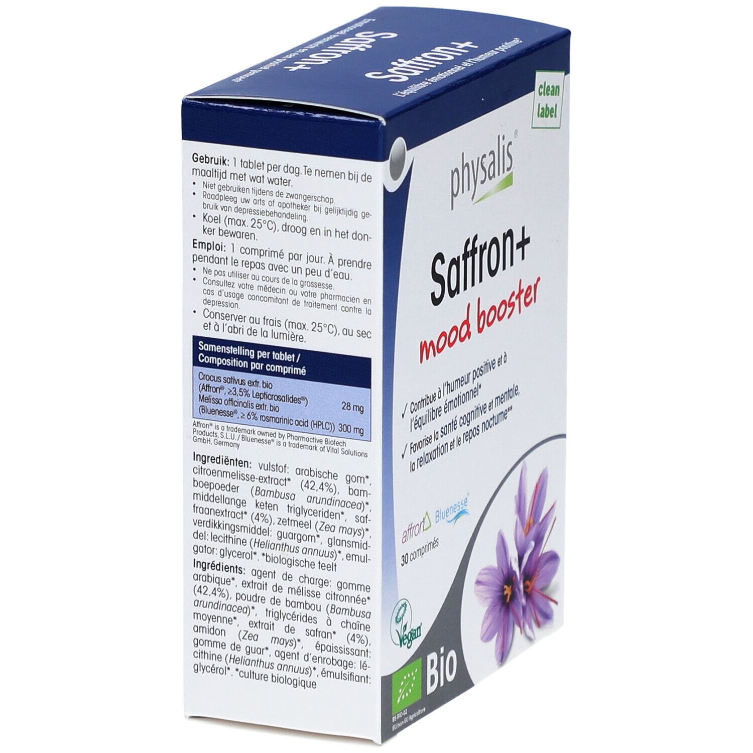 Kartonverpackung mit "physalis Saffron+ mood booster". Enthält 30 Tabletten. Bio-Siegel und lila Blüten. Text in Niederländisch.