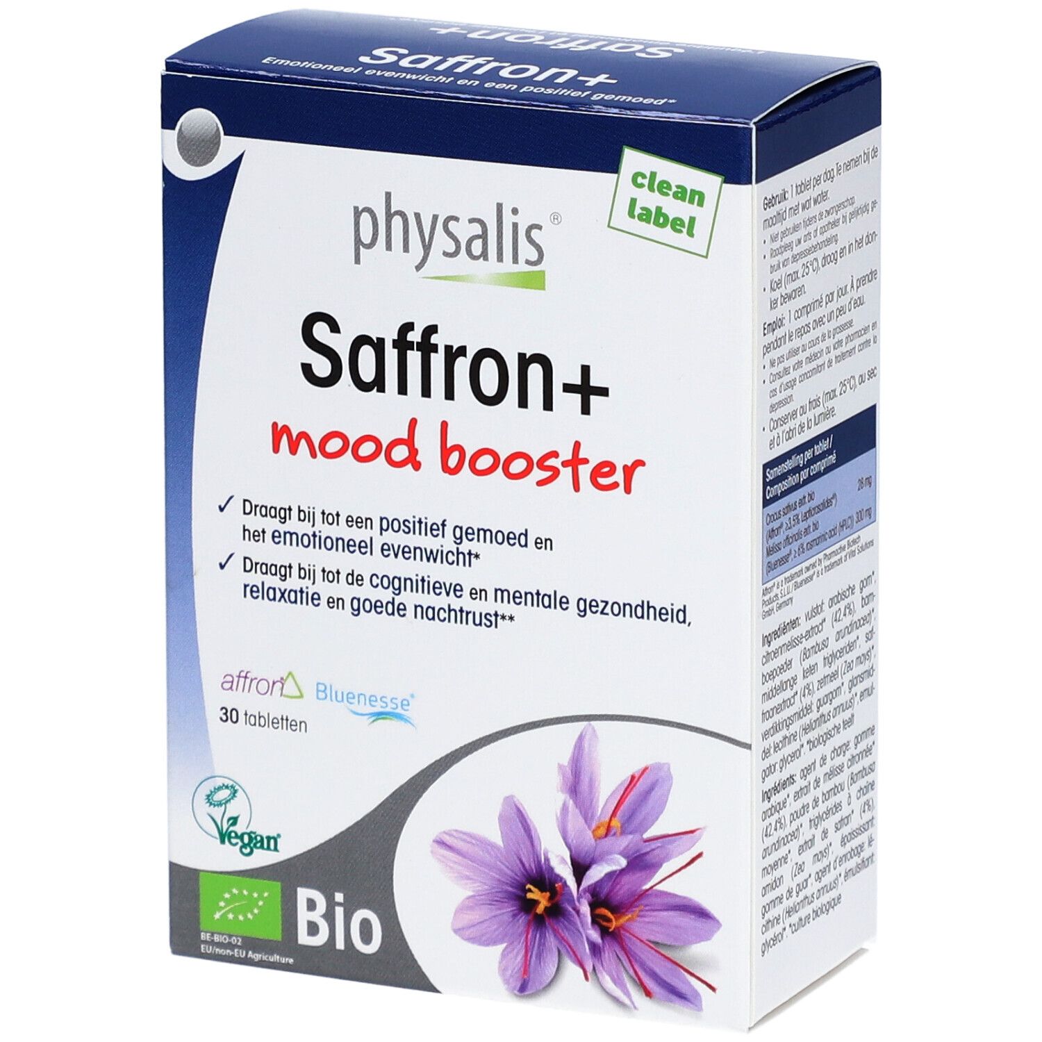 Kartonverpackung mit "physalis Saffron+ mood booster". Enthält 30 Tabletten. Bio-Siegel und lila Blüten. Text in Niederländisch.