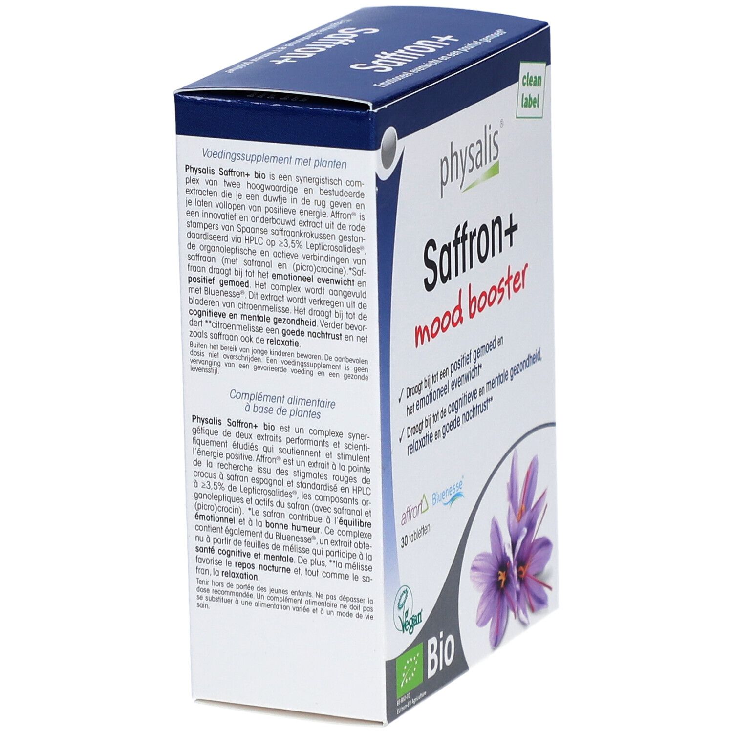 Kartonverpackung mit "physalis Saffron+ mood booster". Enthält 30 Tabletten. Bio-Siegel und lila Blüten. Text in Niederländisch.