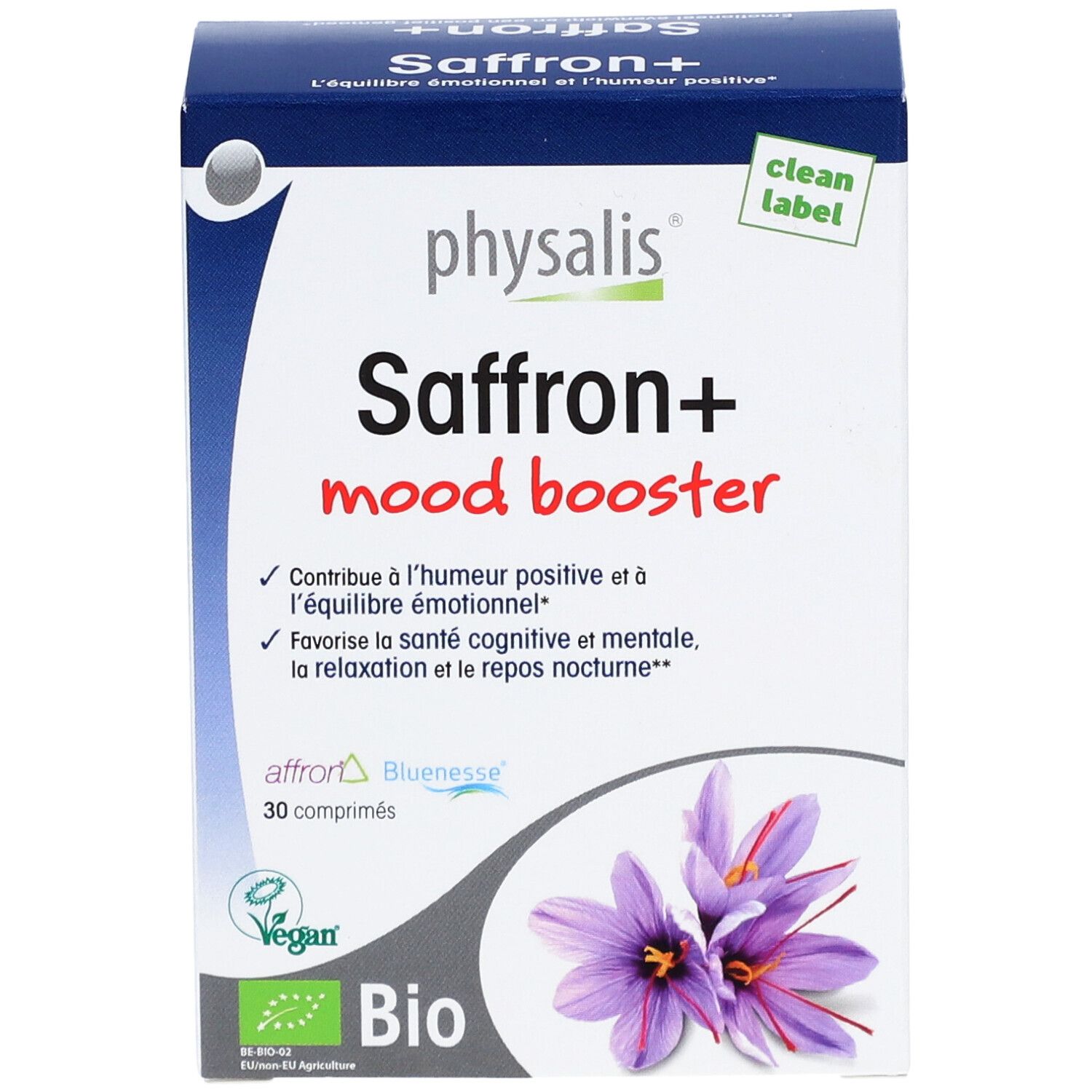 Kartonverpackung mit "physalis Saffron+ mood booster". Enthält 30 Tabletten. Bio-Siegel und lila Blüten.