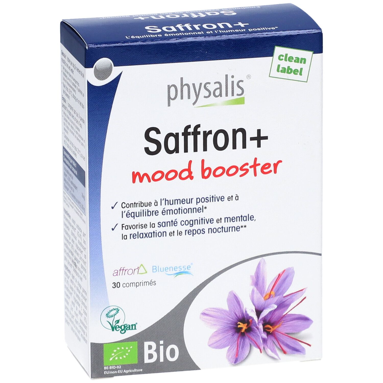 Kartonverpackung mit "physalis Saffron+ mood booster". Enthält 30 Tabletten. Bio-Siegel und lila Blüten.