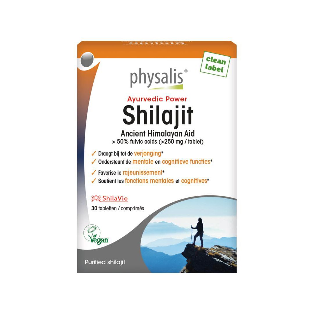 Boîte PHYSALIS® Shilajit. Inscription : Ayurvedic Power Shilajit, Ancient Himalayan Aid. 30 comprimés. Label Vegan.