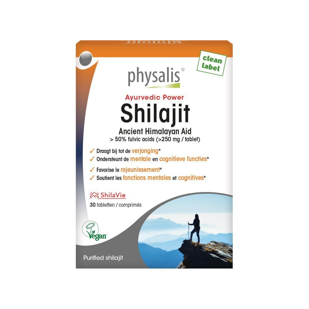 Boîte PHYSALIS® Shilajit. Inscription : Ayurvedic Power Shilajit, Ancient Himalayan Aid. 30 comprimés. Label Vegan.