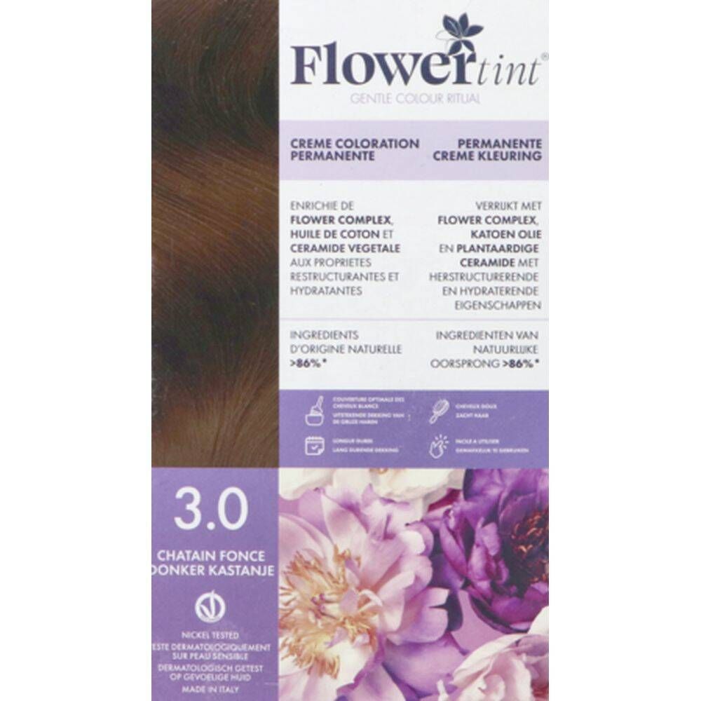 Boîte de FlowerTint® 3.0 Châtain Foncé. Informations produit et design floral. Inscription: Crème Coloration Permanente.