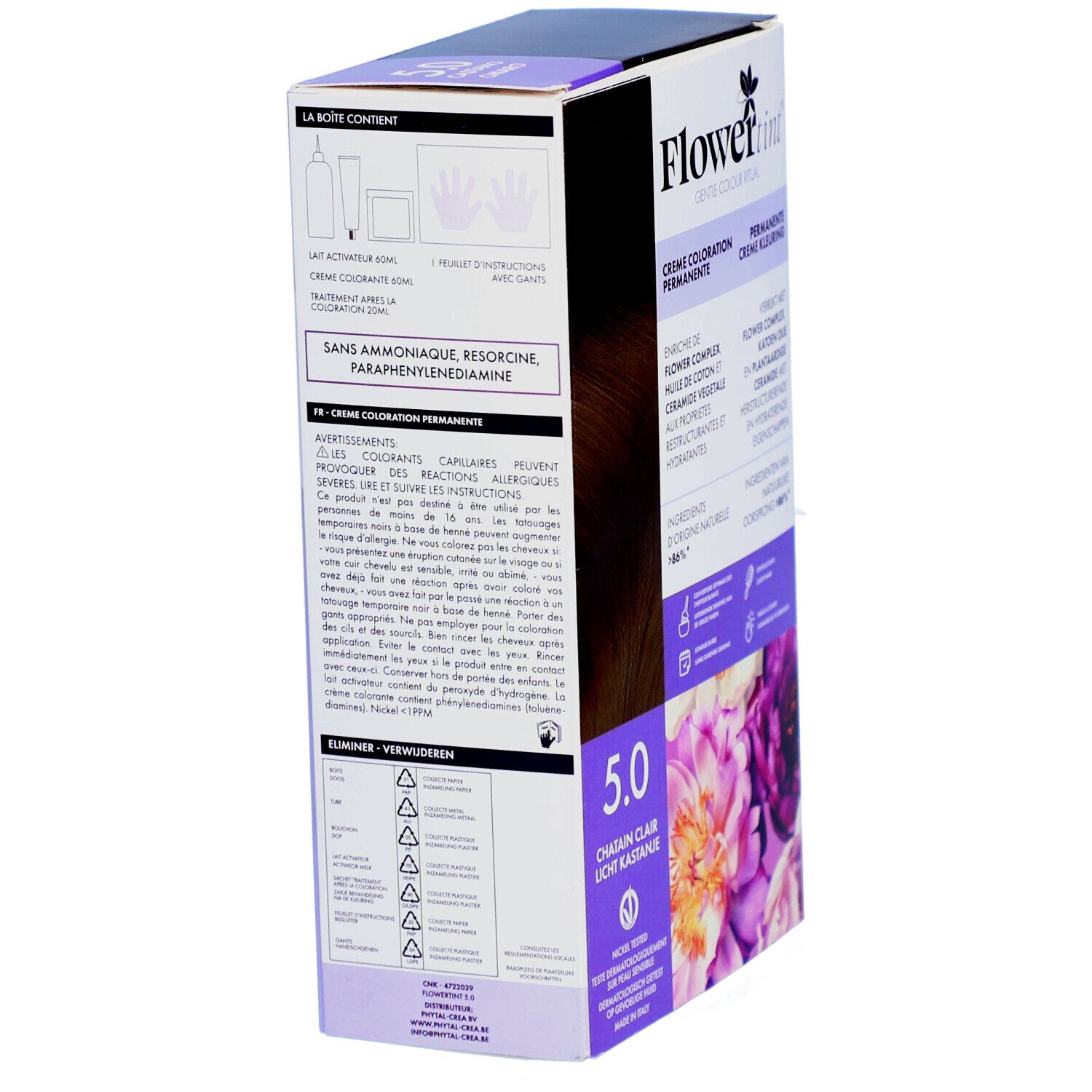 Seitenansicht der FlowerTint 5.0 Châtain Clair Verpackung. Text: Ohne Ammoniak, Resorcin, Phenylendiamin. Hinweise, Inhaltsstoffe.