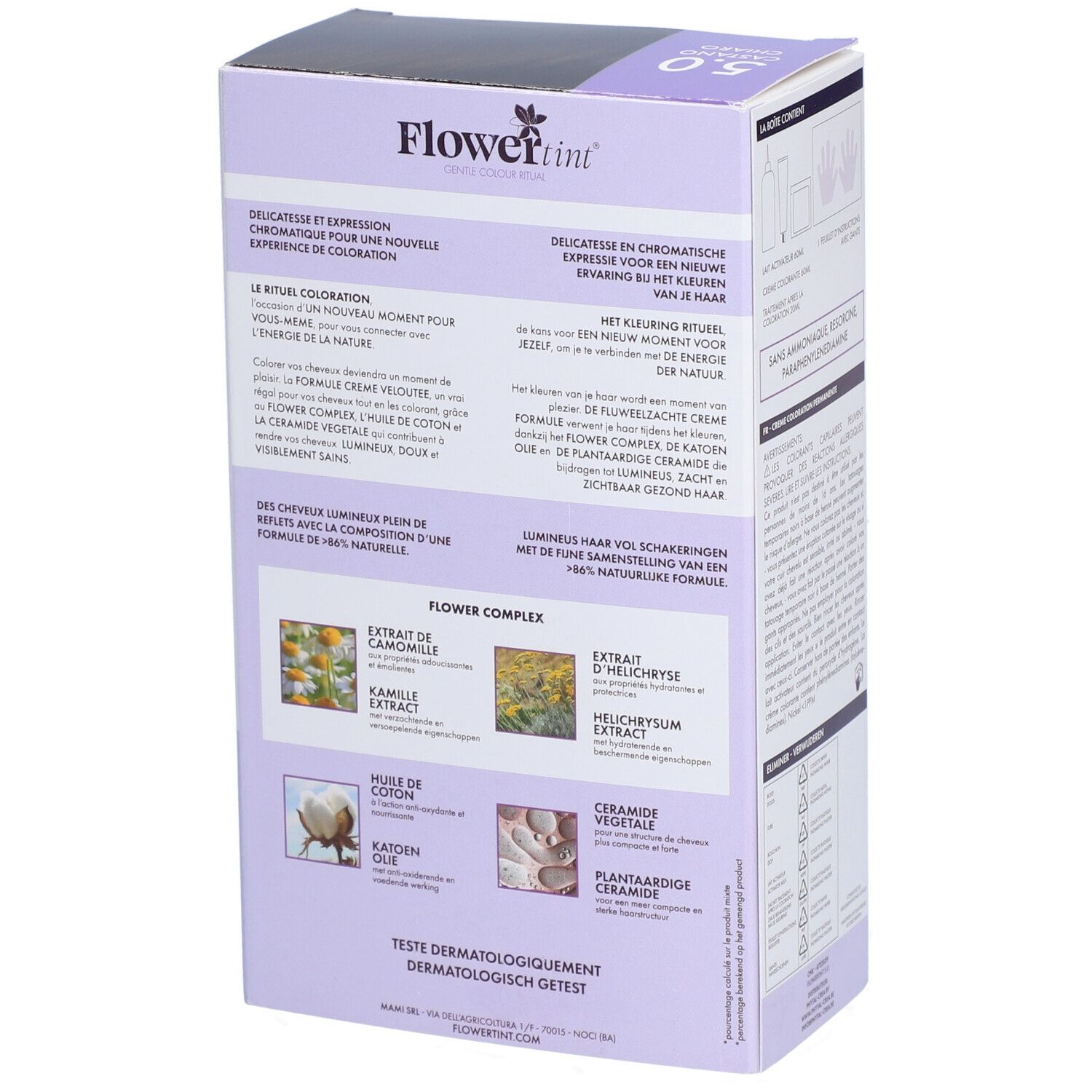 Rückseite der FlowerTint 5.0 Châtain Clair Verpackung. Text: Delikatesse und Ausdruck für eine neue Erfahrung der Coloration. Inhaltsstoffe.