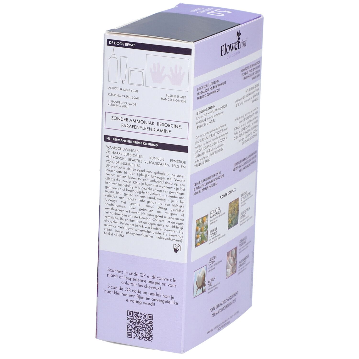 Seitenansicht der FlowerTint 5.0 Châtain Clair Verpackung. Text: Ohne Ammoniak, Resorcin, Phenylendiamin. QR-Code zum Scannen.
