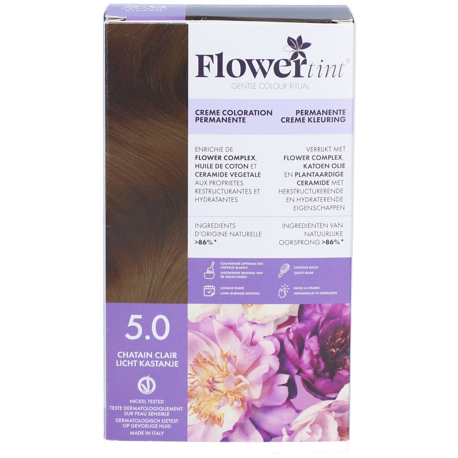 FlowerTint 5.0 Châtain Clair Verpackung. Aufdrucke: Creme Coloration Permanente, Inhaltsstoffe, 5.0, Châtain Clair, Licht Kastanje.