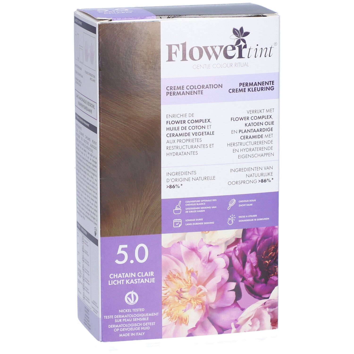 FlowerTint 5.0 Châtain Clair Verpackung. Aufdrucke: Creme Coloration Permanente, Inhaltsstoffe, 5.0, Châtain Clair, Licht Kastanje.