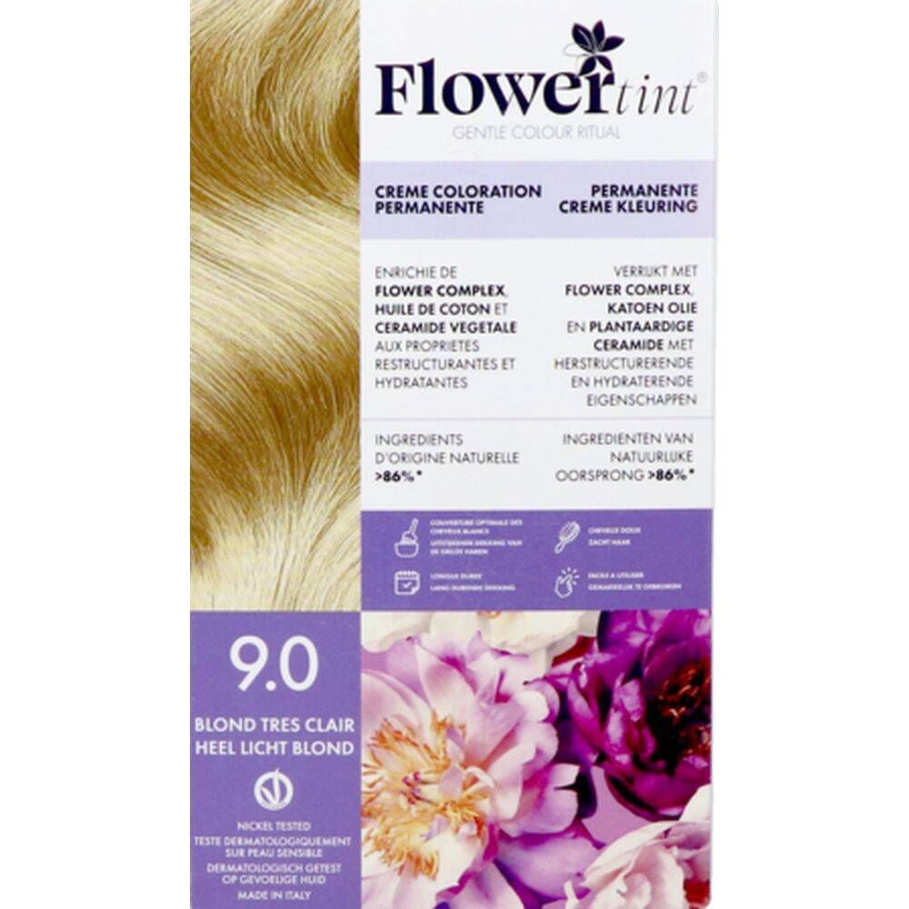 Boîte de coloration FlowerTint 9.0 Blond Très Clair. Ingrédients et informations en plusieurs langues. Fleurs violettes en bas.