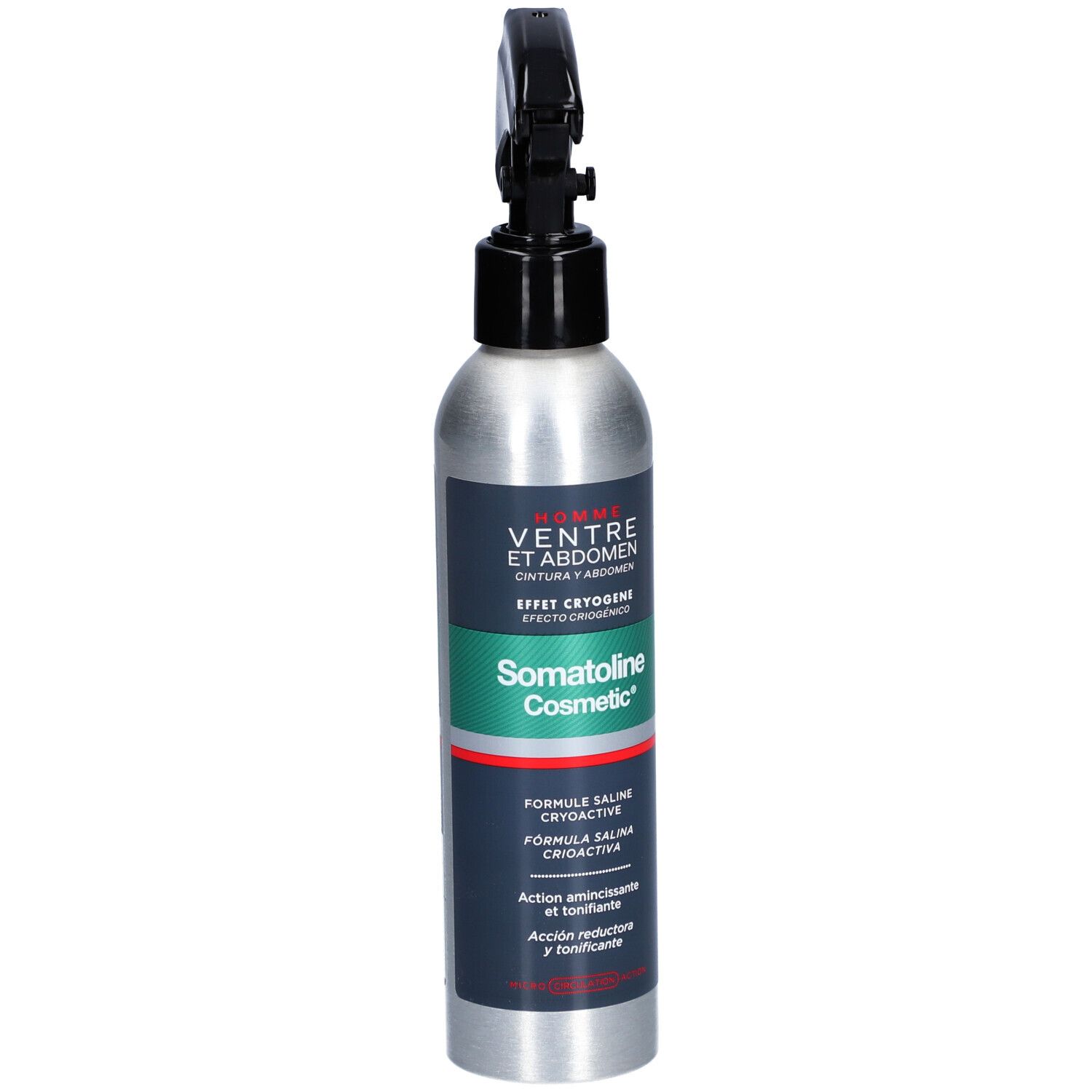 Silberne Sprühflasche mit schwarzem Sprühkopf. Aufschrift: Somatoline Cosmetic, Homme Ventre et Abdomen.