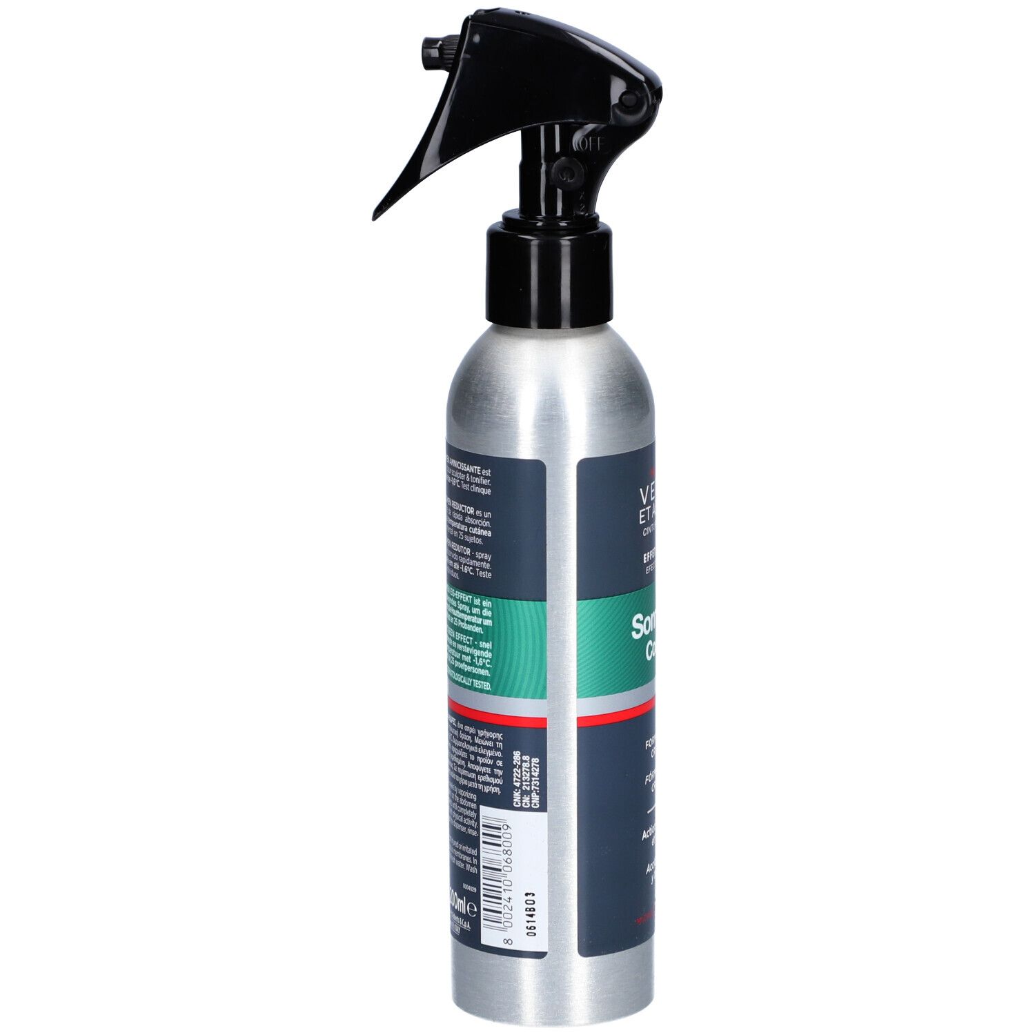 Silberne Sprühflasche mit schwarzem Sprühkopf. Seitenansicht mit Produktinformationen.