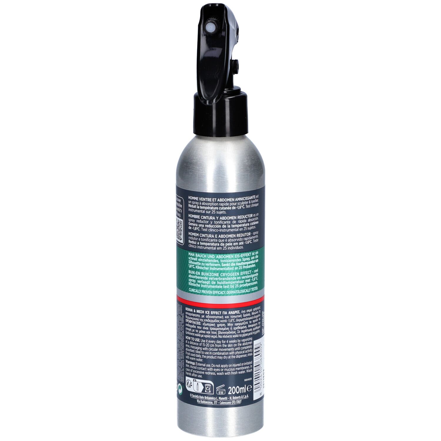 Rückansicht einer silbernen Sprühflasche mit schwarzem Sprühkopf. Produktinformationen und Text.