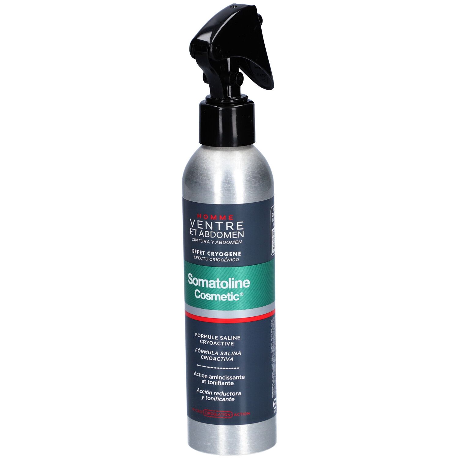 Silberne Sprühflasche mit schwarzem Sprühkopf. Aufschrift: Somatoline Cosmetic, Homme Ventre et Abdomen.