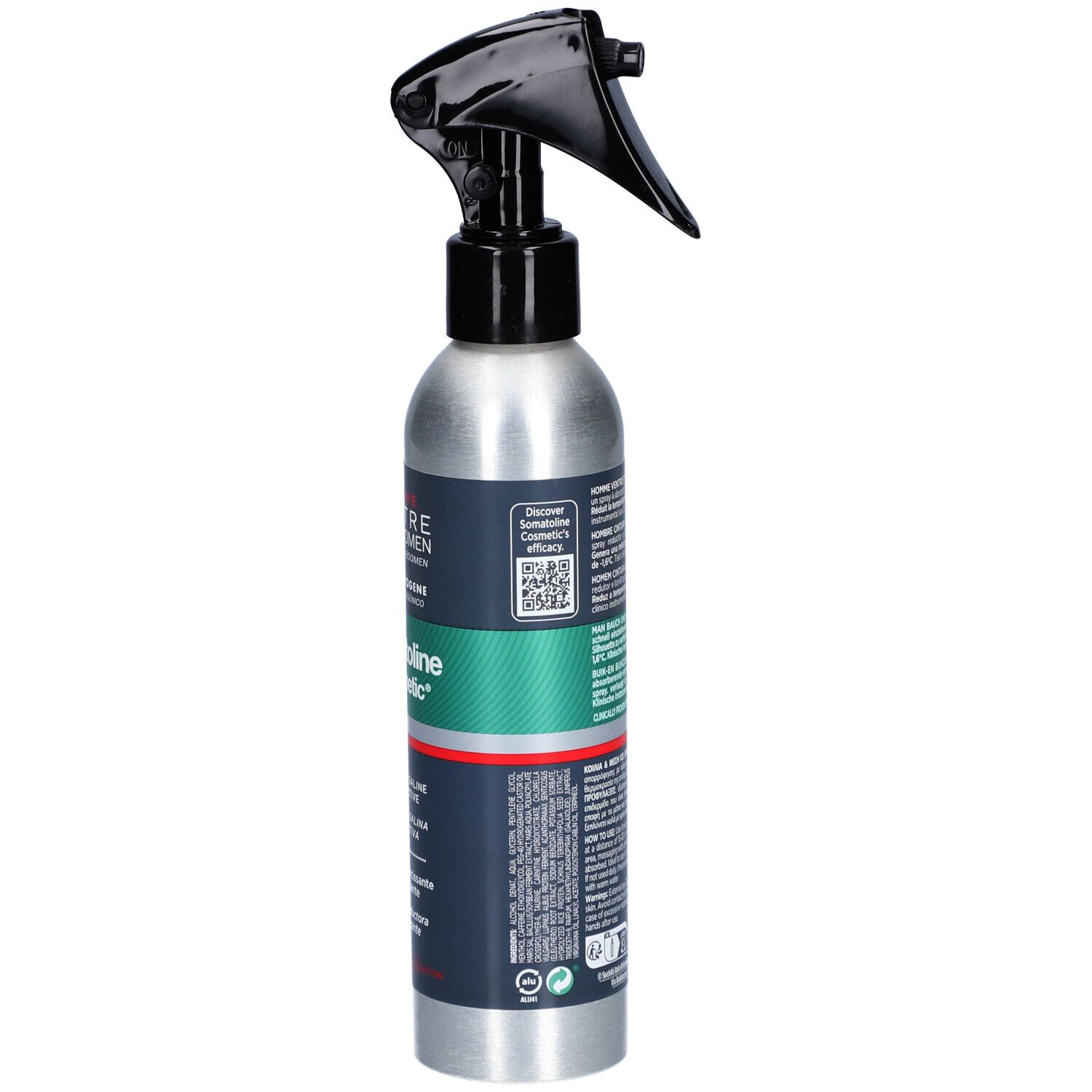 Silberne Sprühflasche mit schwarzem Sprühkopf. Seitenansicht mit Produktinformationen.