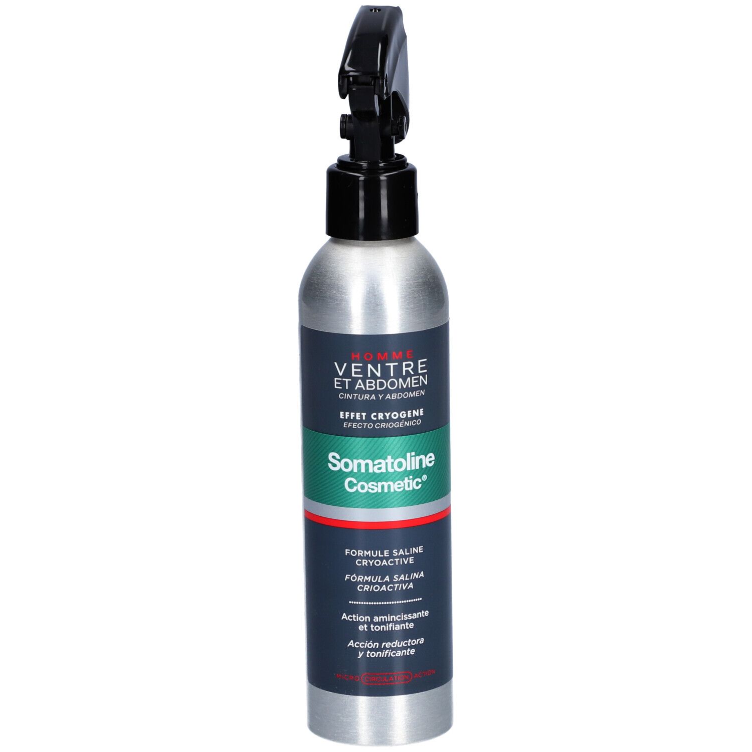 Silberne Sprühflasche mit schwarzem Sprühkopf. Aufschrift: Somatoline Cosmetic, Homme Ventre et Abdomen.