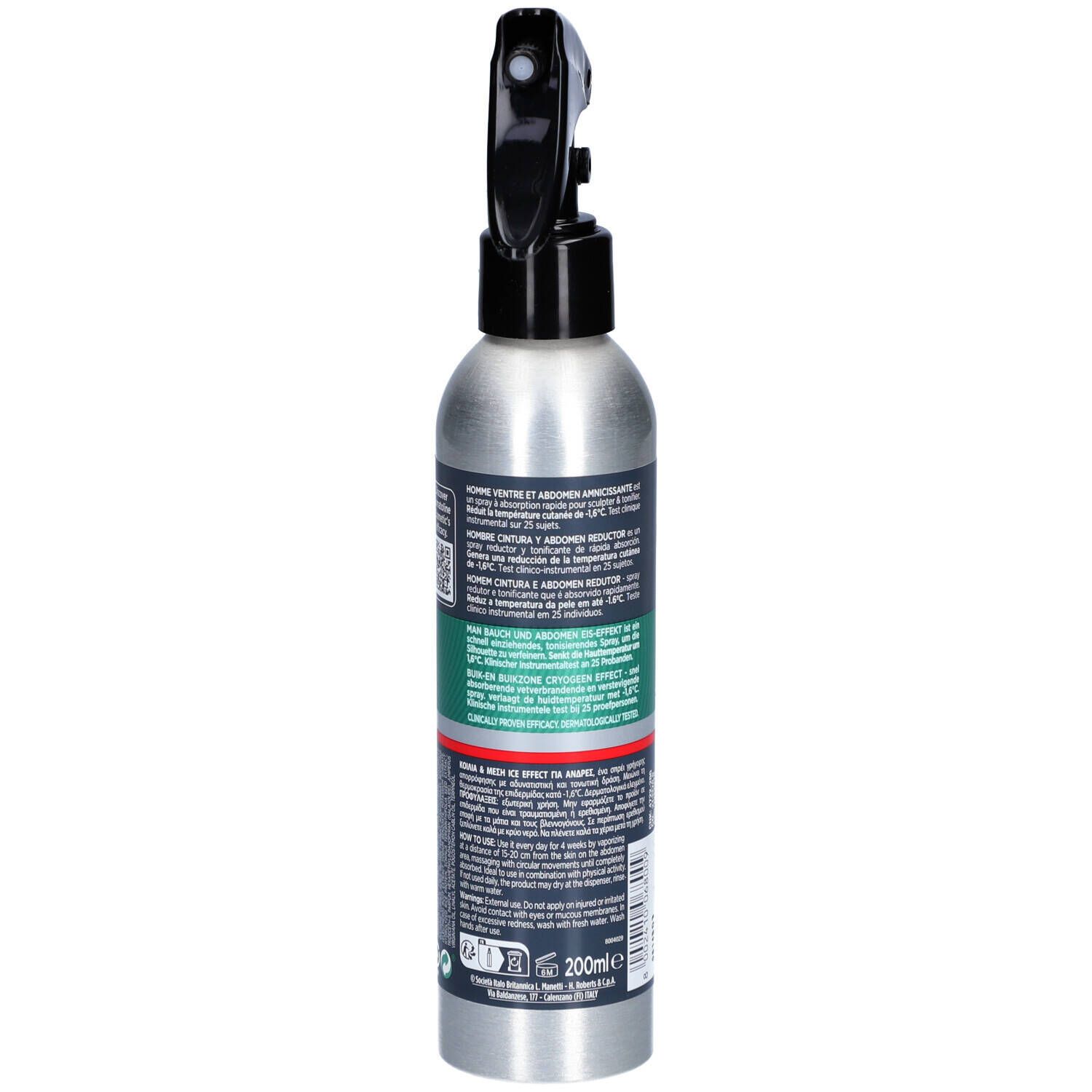 Dos d'un flacon spray argenté avec pulvérisateur noir. Texte en plusieurs langues.