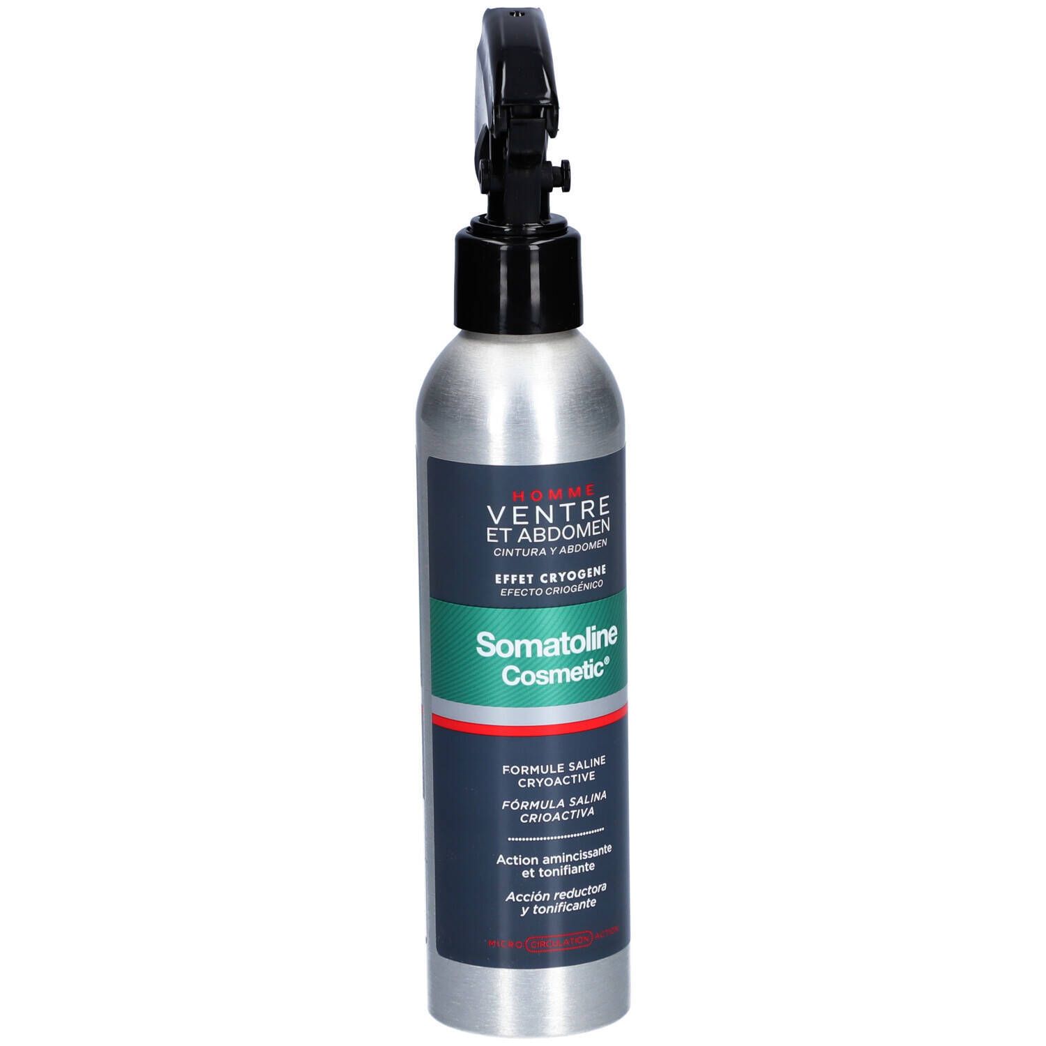 Flacon spray avec pulvérisateur noir. Inscription: Somatoline Cosmetic, Homme Ventre et Abdomen.