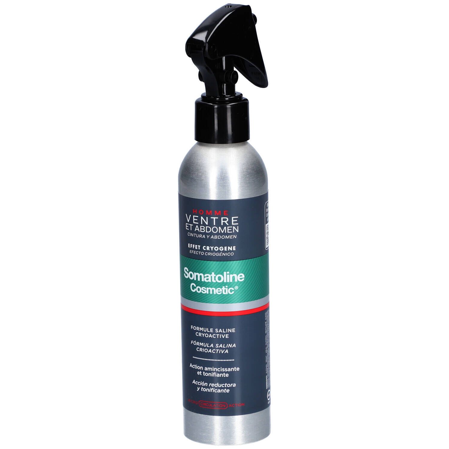 Flacon spray avec pulvérisateur noir. Inscription: Somatoline Cosmetic, Homme Ventre et Abdomen.