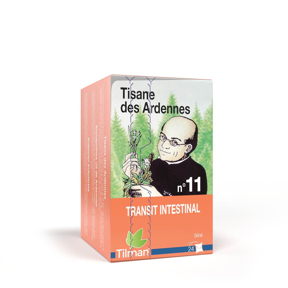 Boîte de tisane orange. Illustration d'un homme et texte: Transit Intestinal. Marque: Tilman. Contient 24 sachets.