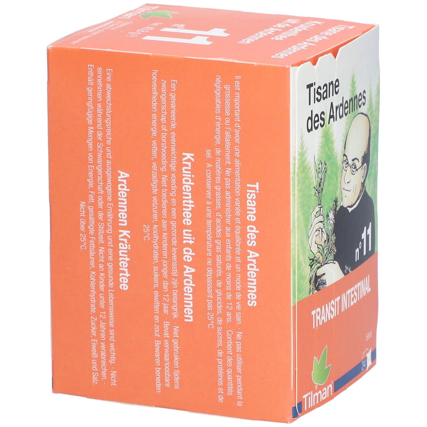 Boîte de tisane orange. Texte et illustration. Dos avec ingrédients et instructions d'utilisation. Marque: Tilman.