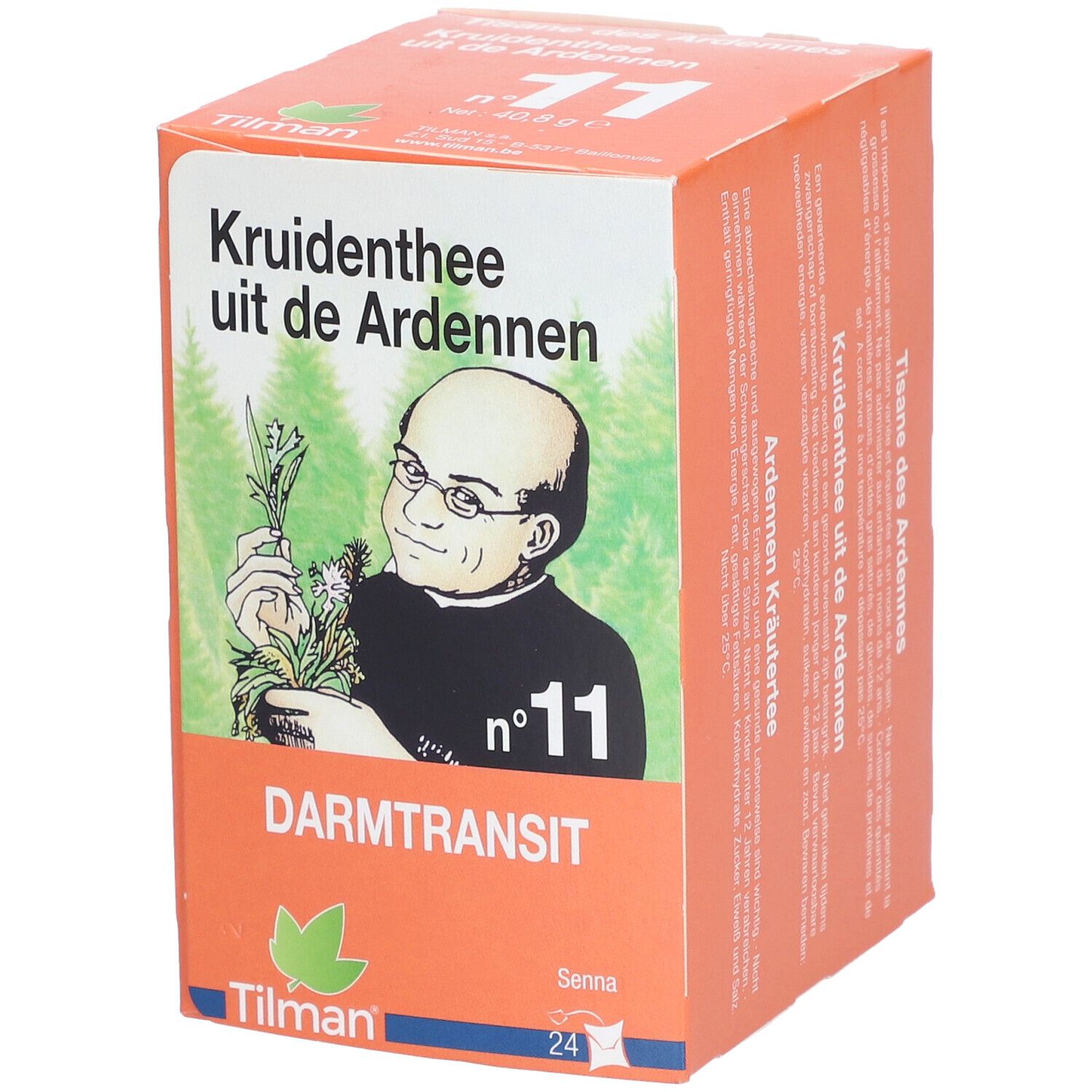 Boîte de tisane orange. Illustration d'un homme et texte: Transit Intestinal. Marque: Tilman. Contient 24 sachets.