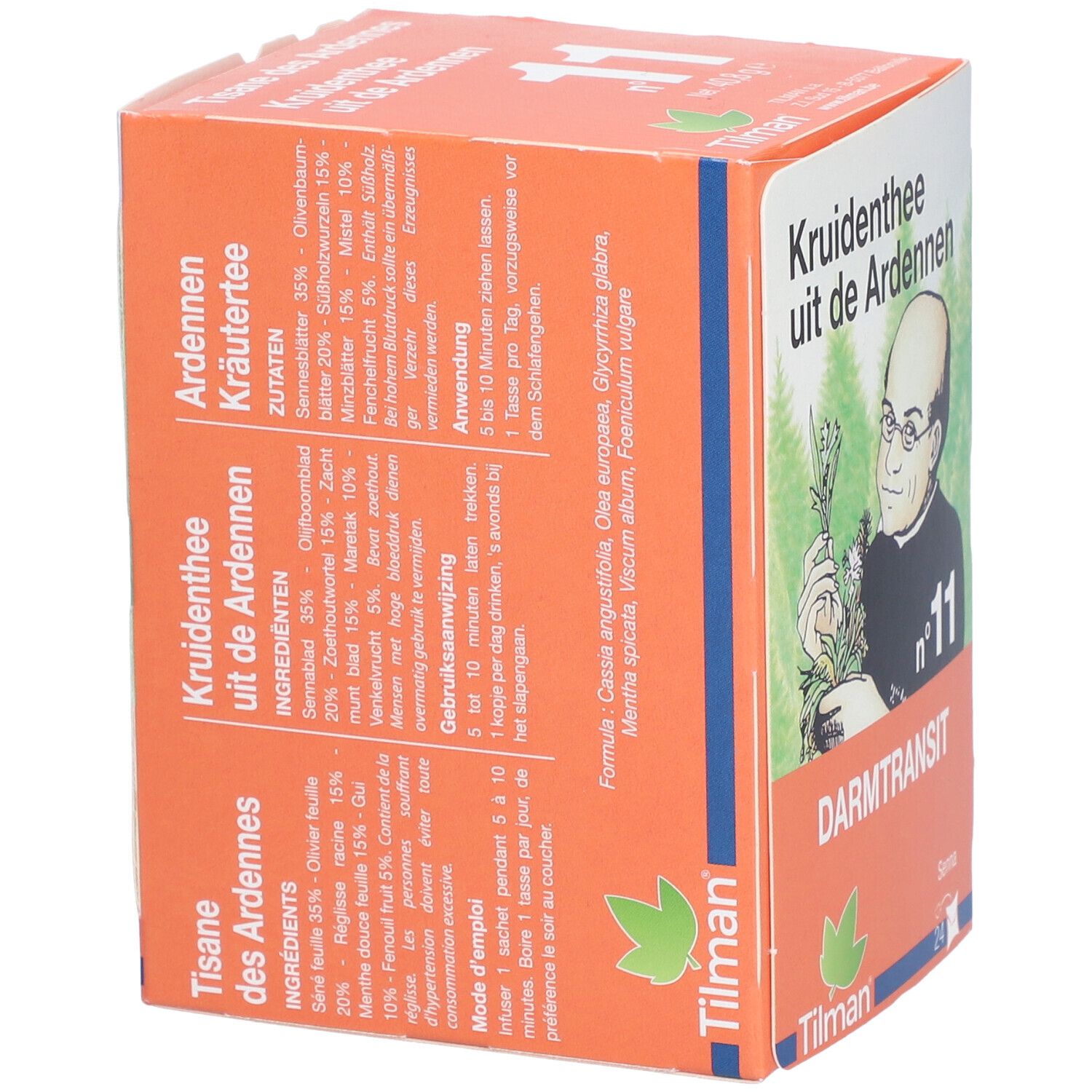 Boîte de tisane orange. Texte et illustration. Dos avec ingrédients et instructions d'utilisation. Marque: Tilman.