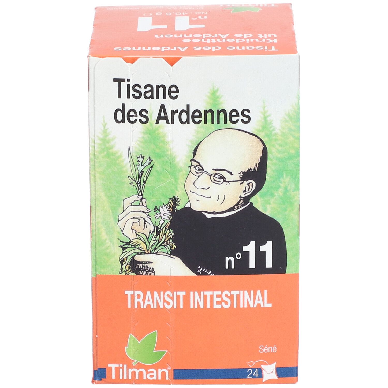 Boîte de tisane orange. Illustration d'un homme et texte: Transit Intestinal. Marque: Tilman. Contient 24 sachets.