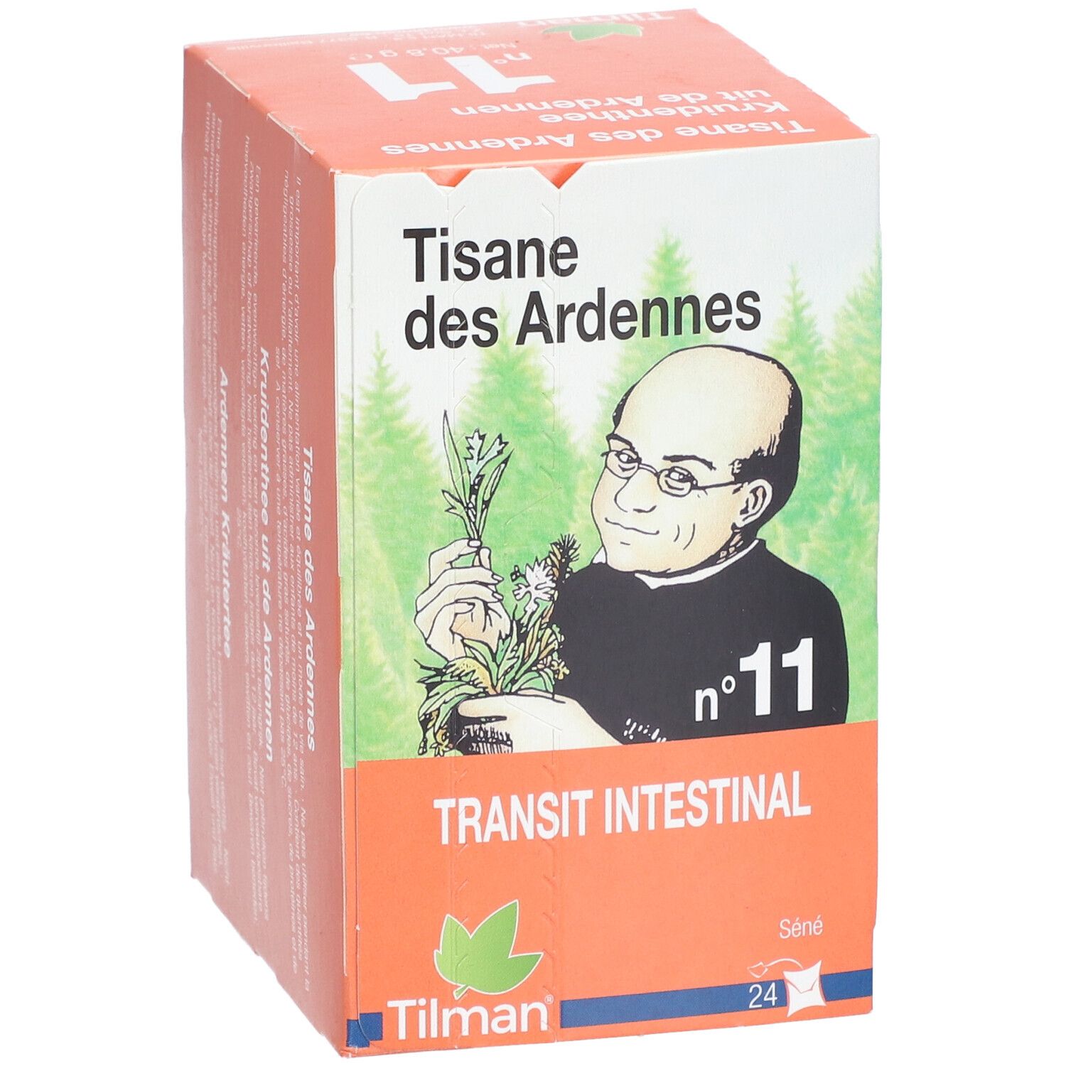 Boîte de tisane orange. Illustration d'un homme et texte: Transit Intestinal. Marque: Tilman. Contient 24 sachets.