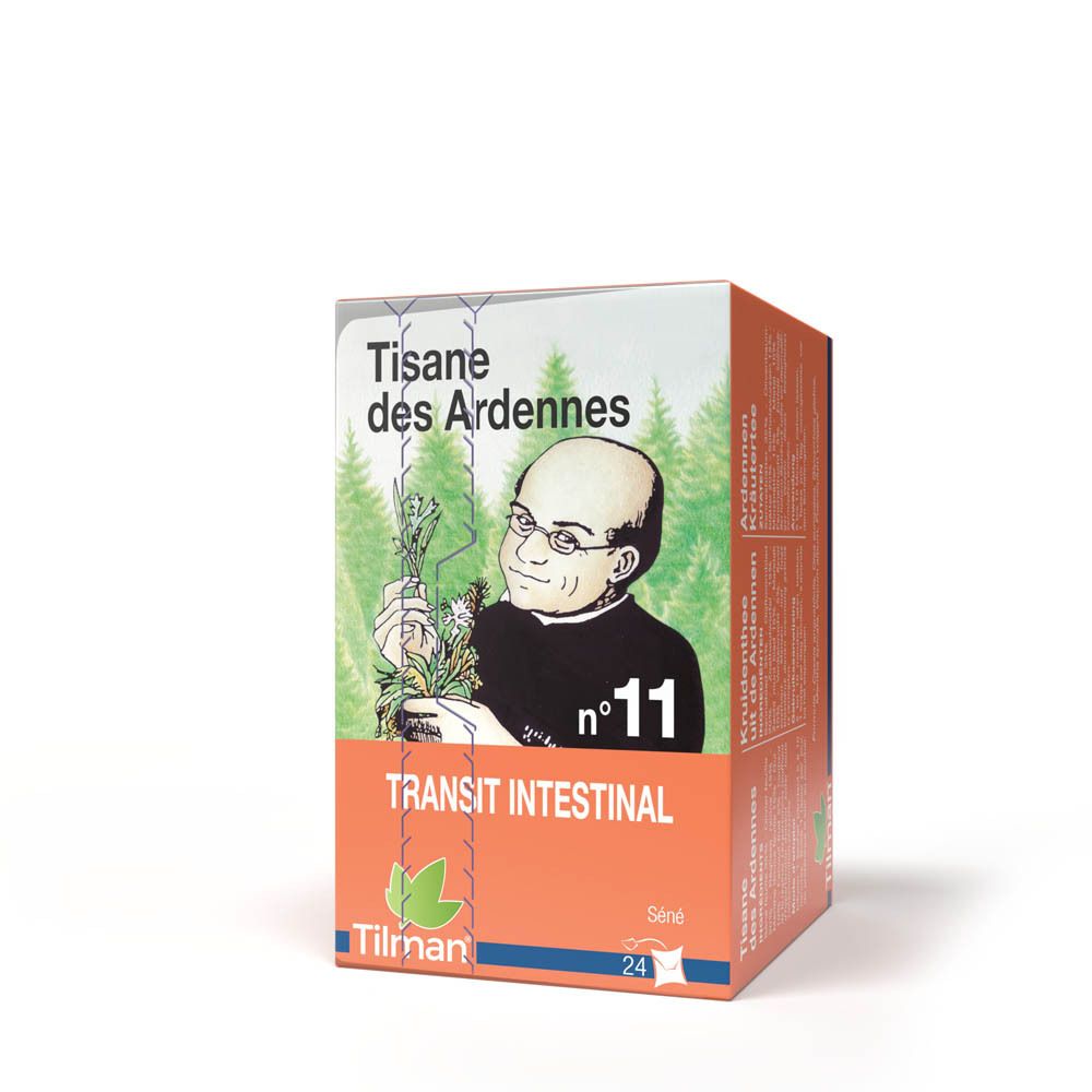 Boîte de tisane orange. Illustration d'un homme et texte: Transit Intestinal. Marque: Tilman. Contient 24 sachets.