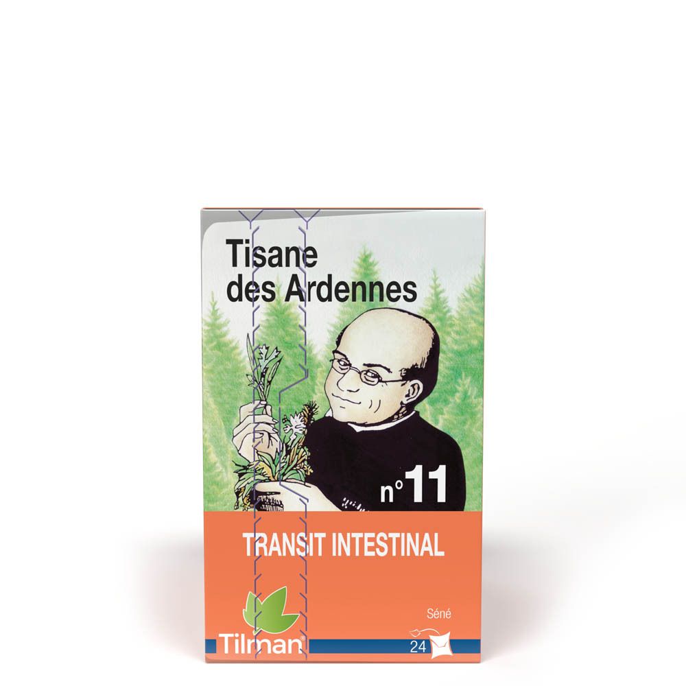 Boîte de tisane orange. Illustration d'un homme et texte: Transit Intestinal. Marque: Tilman. Contient 24 sachets.