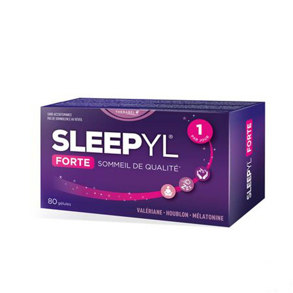 Boîte Sleepyl® Forte. Inscription: 80 gélules, valériane, houblon, mélatonine. Design violet et blanc.