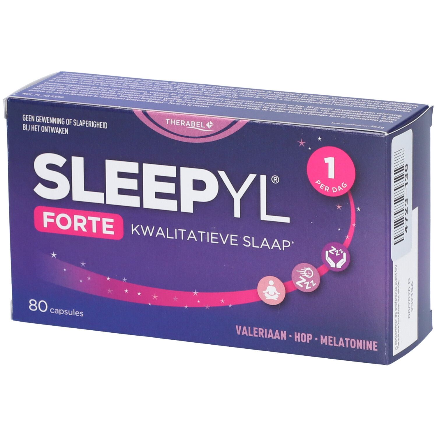 Boîte de Sleepyl® Forte. Inscription: 80 capsules, valériane, houblon, mélatonine. Design violet et blanc.