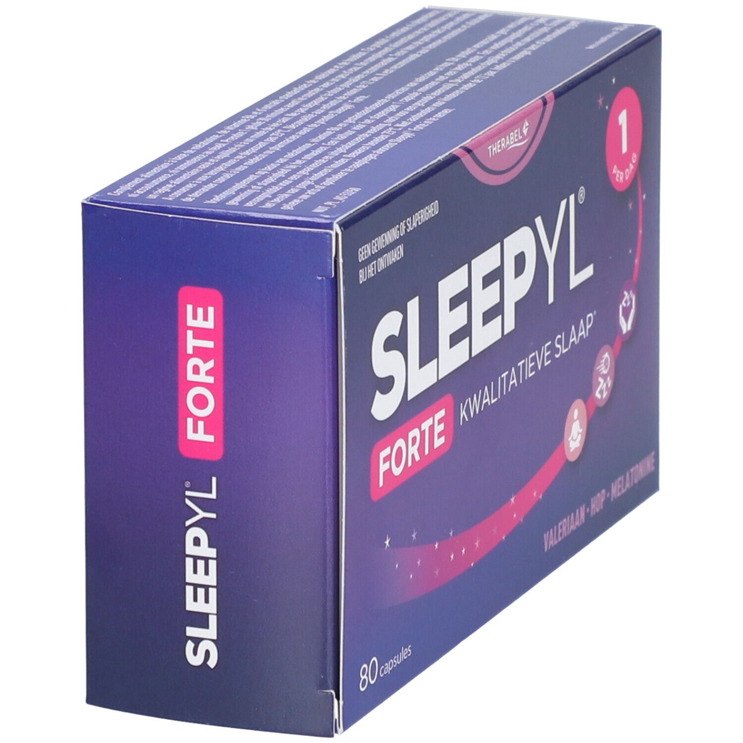 Boîte Sleepyl® Forte, en biais. Inscription: 80 capsules, valériane, houblon, mélatonine. Design violet et blanc.