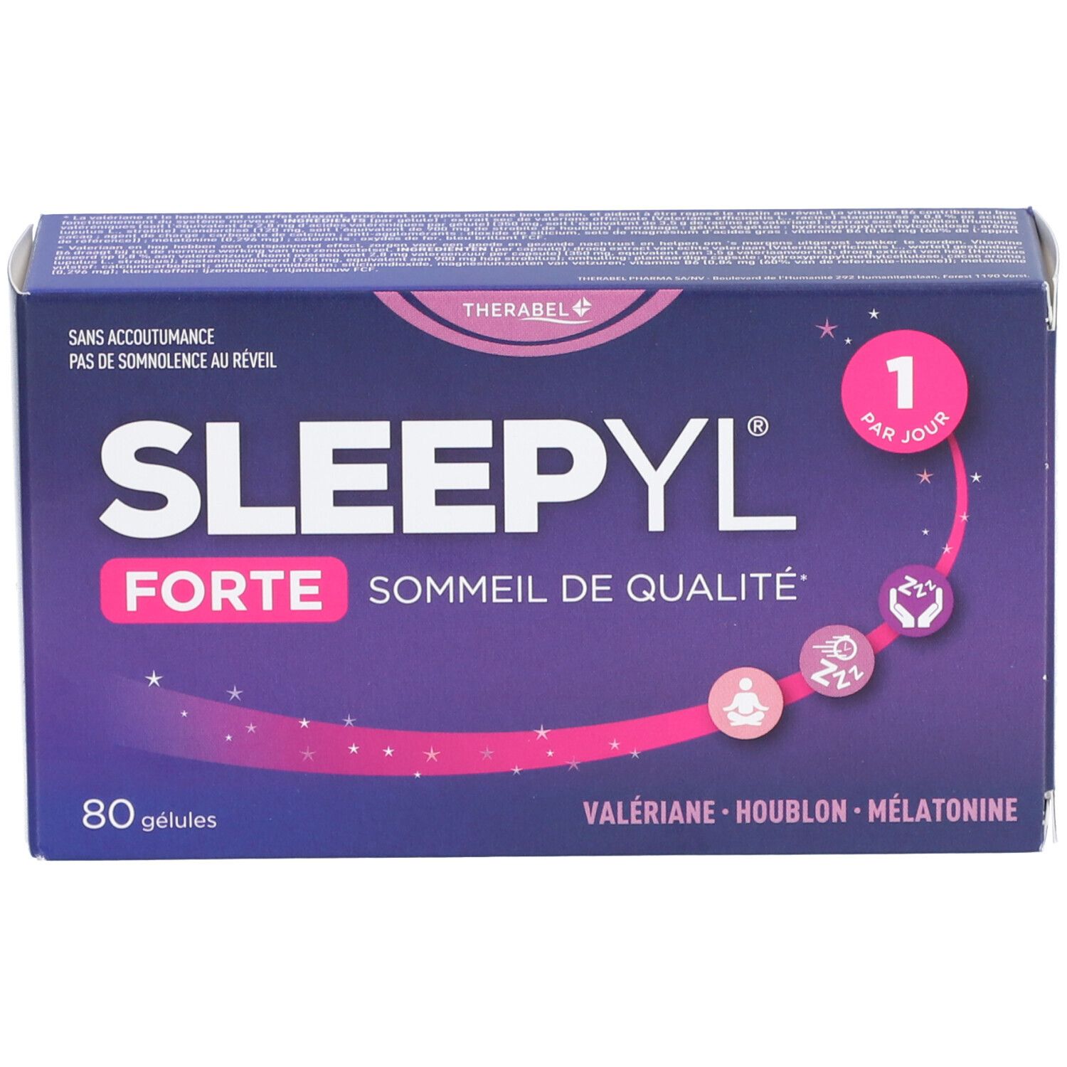 Boîte de Sleepyl® Forte. Inscription: 80 gélules, valériane, houblon, mélatonine. Design violet et blanc.